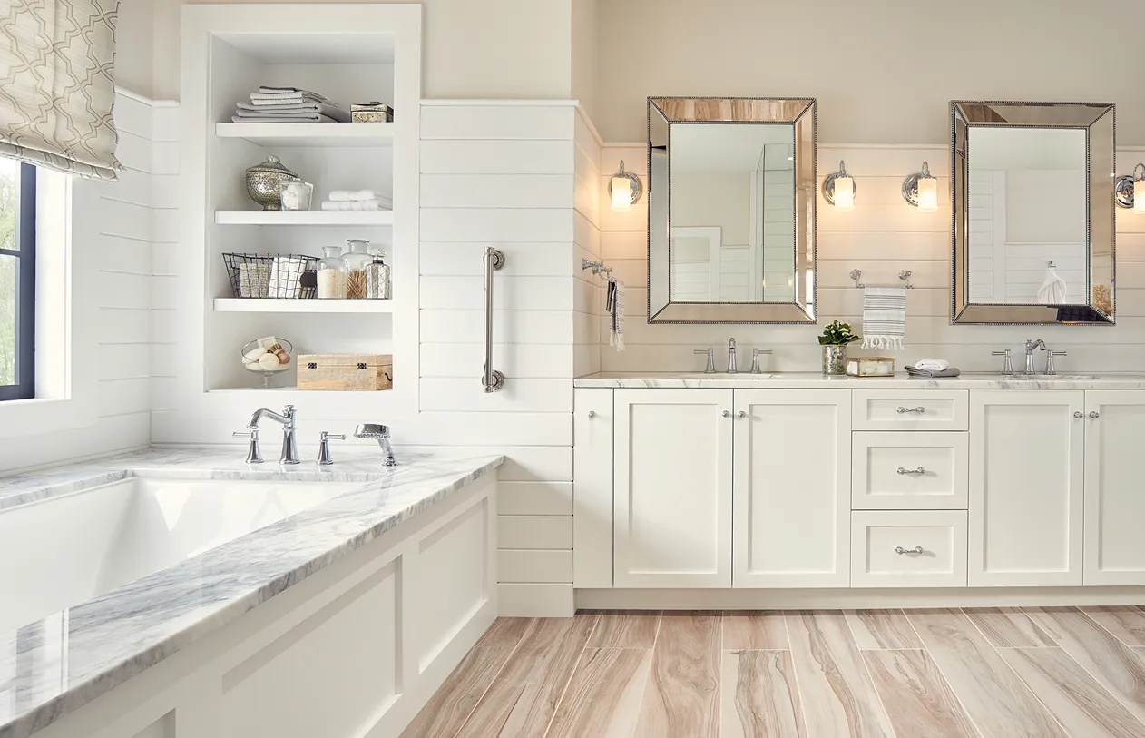 Hardwood flooring in bathroom remodel